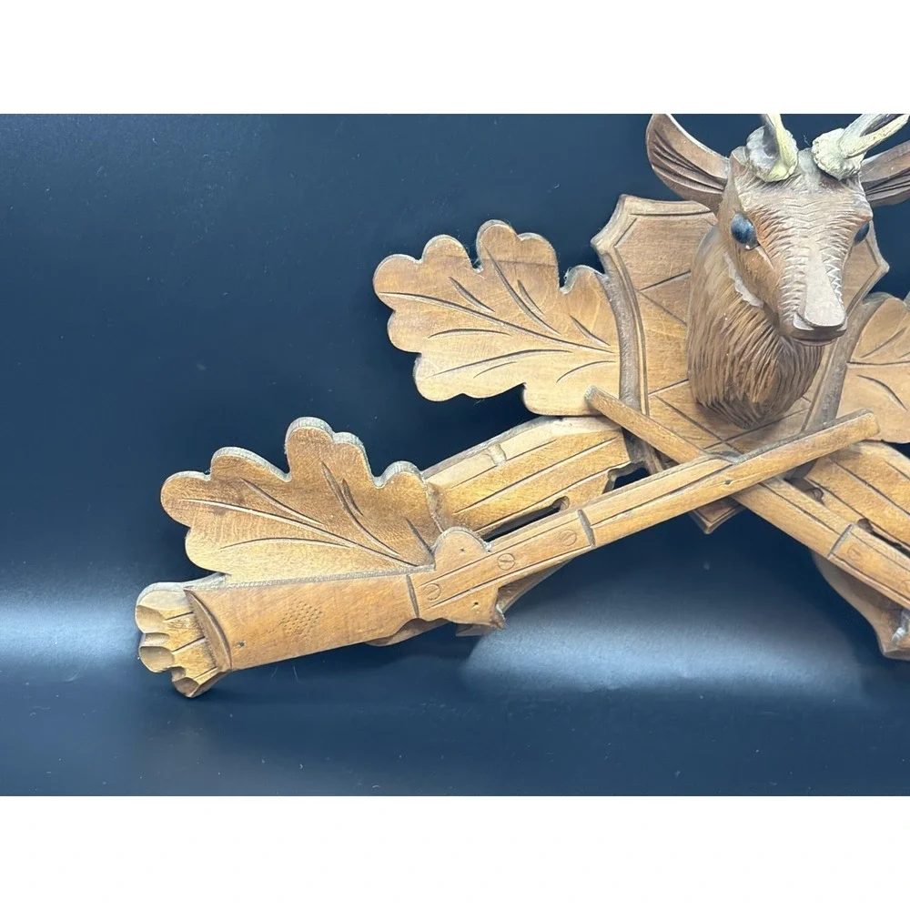 Vintage German Cuckoo Clock Wood Deer Head w/ Horns Guns Topper Rustic Log Cabin